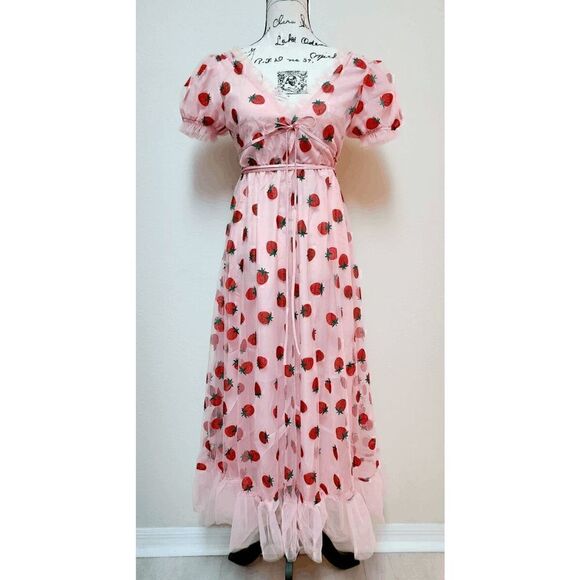 🍓 Strawberry Mesh Tulle Girly Cute Pink Puff Sleeve Glitter Midi Dress S NWT - Picture 4 of 16